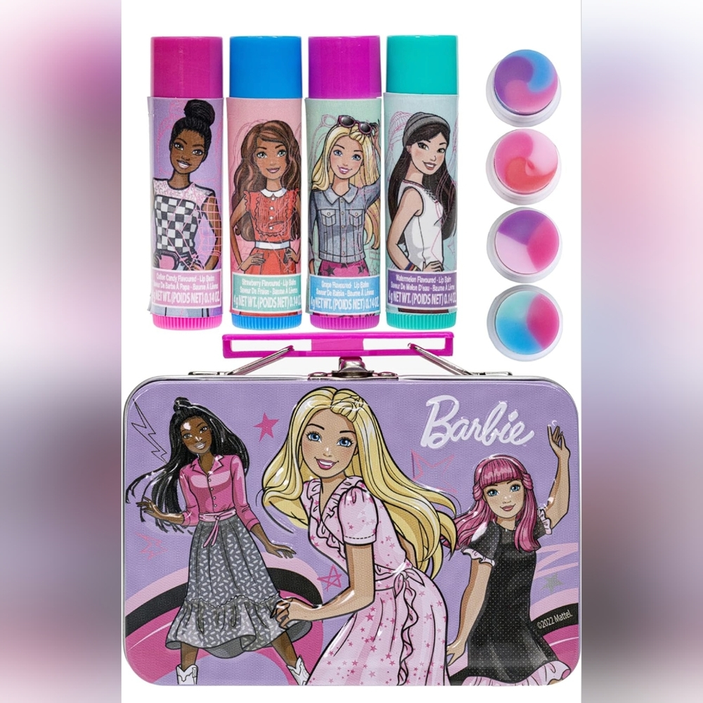🎀NWT Barbie 5 Piece Set ~ 4 Lip Balms & Collectable Mini Lunch Box/Tin Case - Picture 4 of 5
